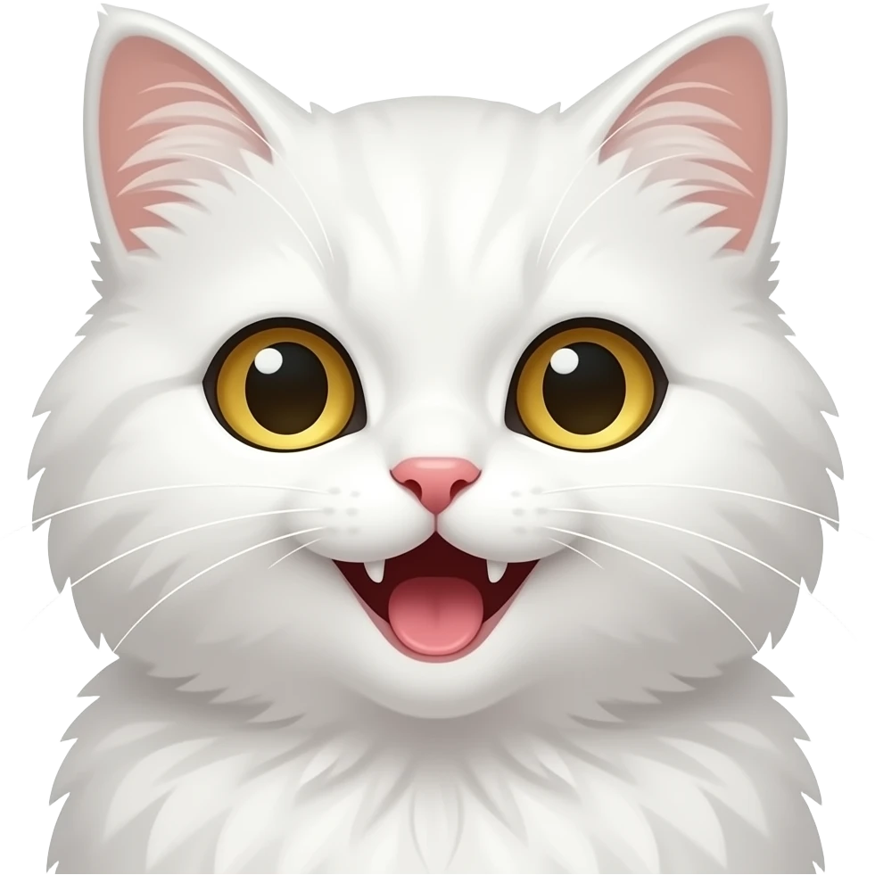 cute white cat with golden eyes, fluffy fur, polished chibi style, discord emote, twitch emote, transparent background, thick clean outline, soft shading, expressive face, high contrast, laughing, face emoji