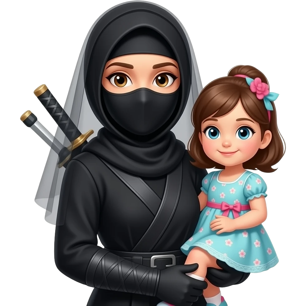 ام محجبة  و منقبة مثل نينجا ترتدي فستان انيق  مع طفلة رضيعة ترتدي فستان emoji