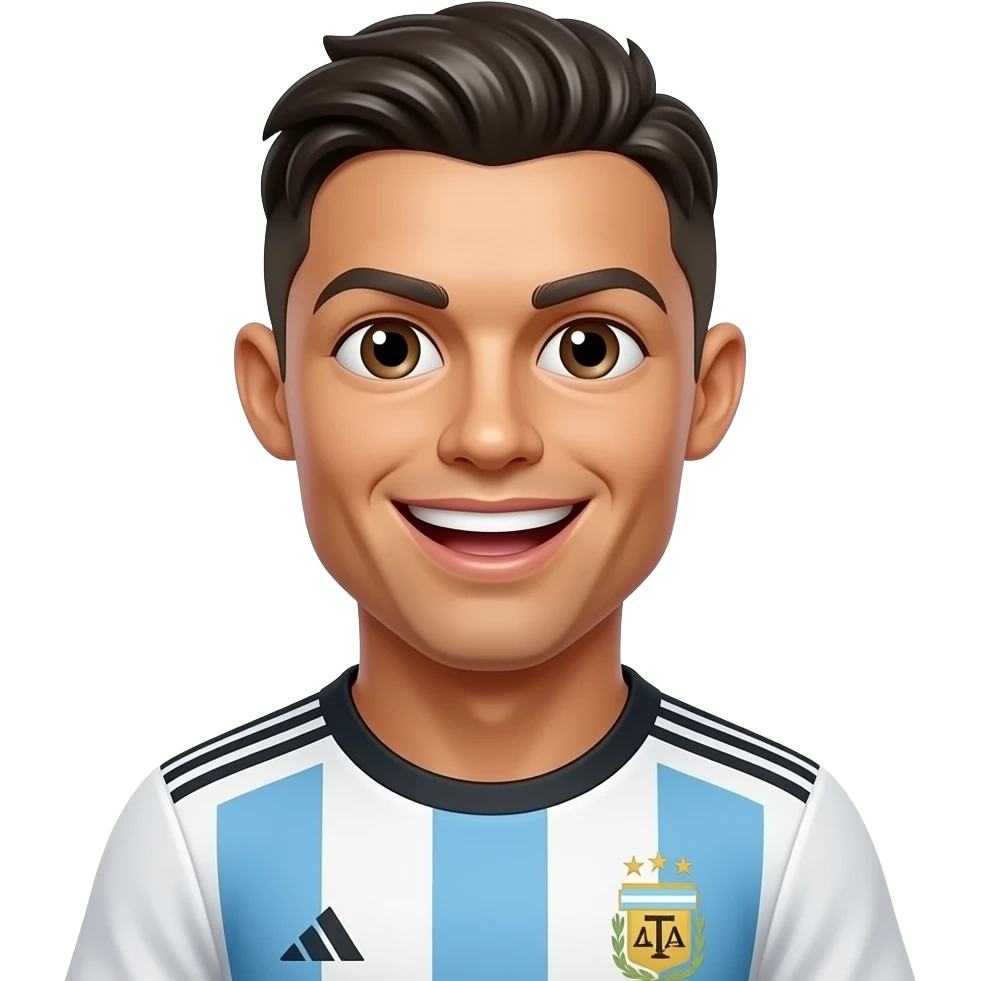 Cute 3D Ronaldo emoji wearing Argentina jersey, no trophy, happy expression, emoji style, glossy lighting, clean white background emoji