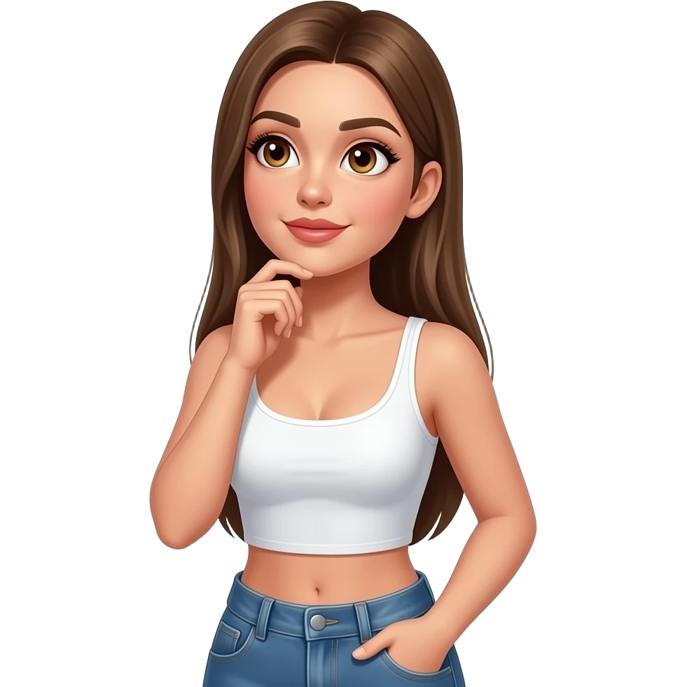 Woman thinking and looking up wearing white crop top with jean pants. Brown eyes and dark blonde straight long hair. Very sexy and seducing eye look. emoji