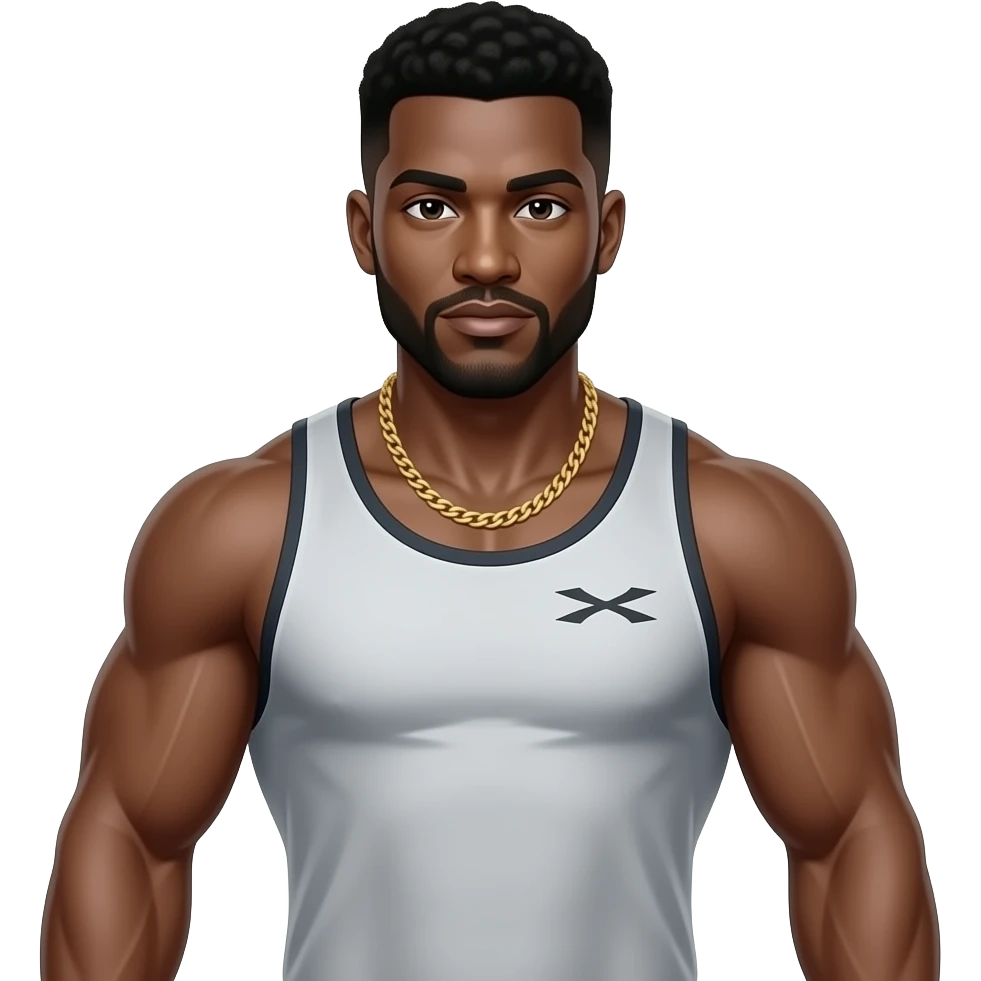A medium shot captures a powerfully built Black man with a muscular physique, his chest and arms prominently displayed. He wears a gymshark tank top and a simple gold chain around his neck. emoji