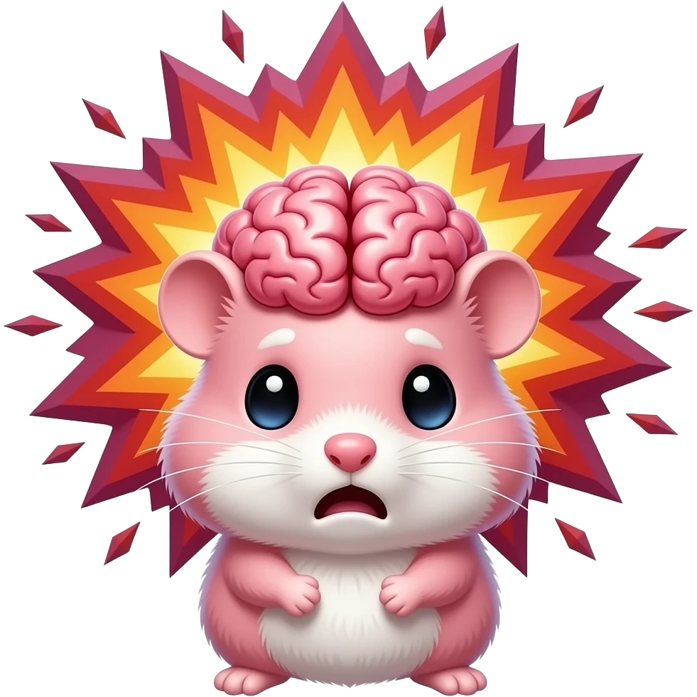 funny twitch emote, tiny pink hamster with massive exploding brain, cosmic explosion, dramatic disbelief expression, transparent background, ultra spamable meme aesthetic emoji