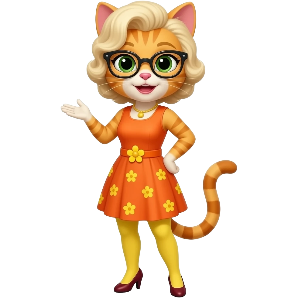 Mrs.Kat(Wolfoo's Teacher(Orange-Yellow Mother Cat Of Kat(With Orange Short Dress With Yellow Flowers Without Plants Without Sleeves With Tiny Orange Belt With Yellow Flowers Without Plants, Dark Red High Heels Shoes, Black Eyeglasses And Visible Yellow Shorts(Like Leggings))))Marilyn Monroe Ver. emoji