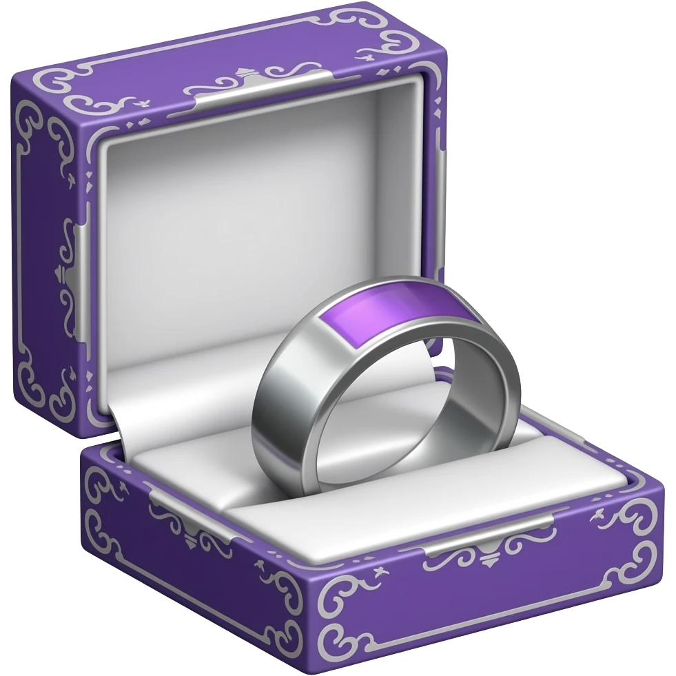 Amethyst men's style solid band ring in a purple box with silver ornate trim emoji