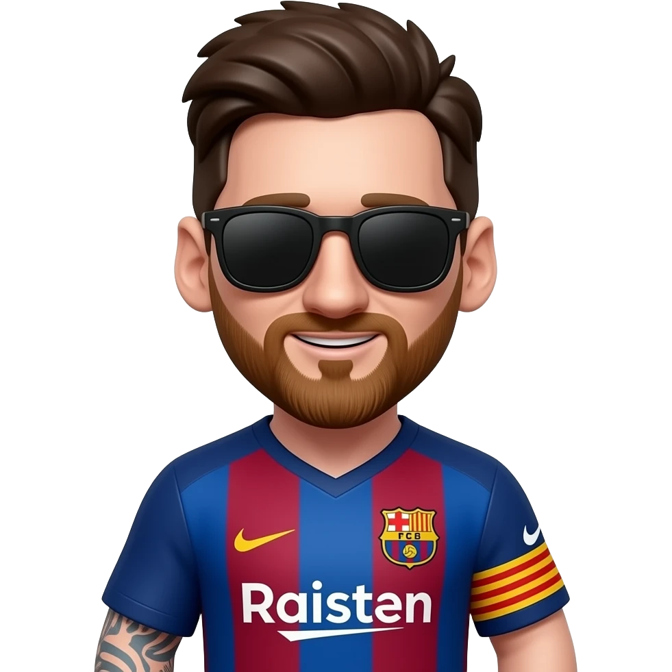 Messi-inspired 3D emoji, full Barcelona jersey, 2 black sunglasses near both arms. emoji
