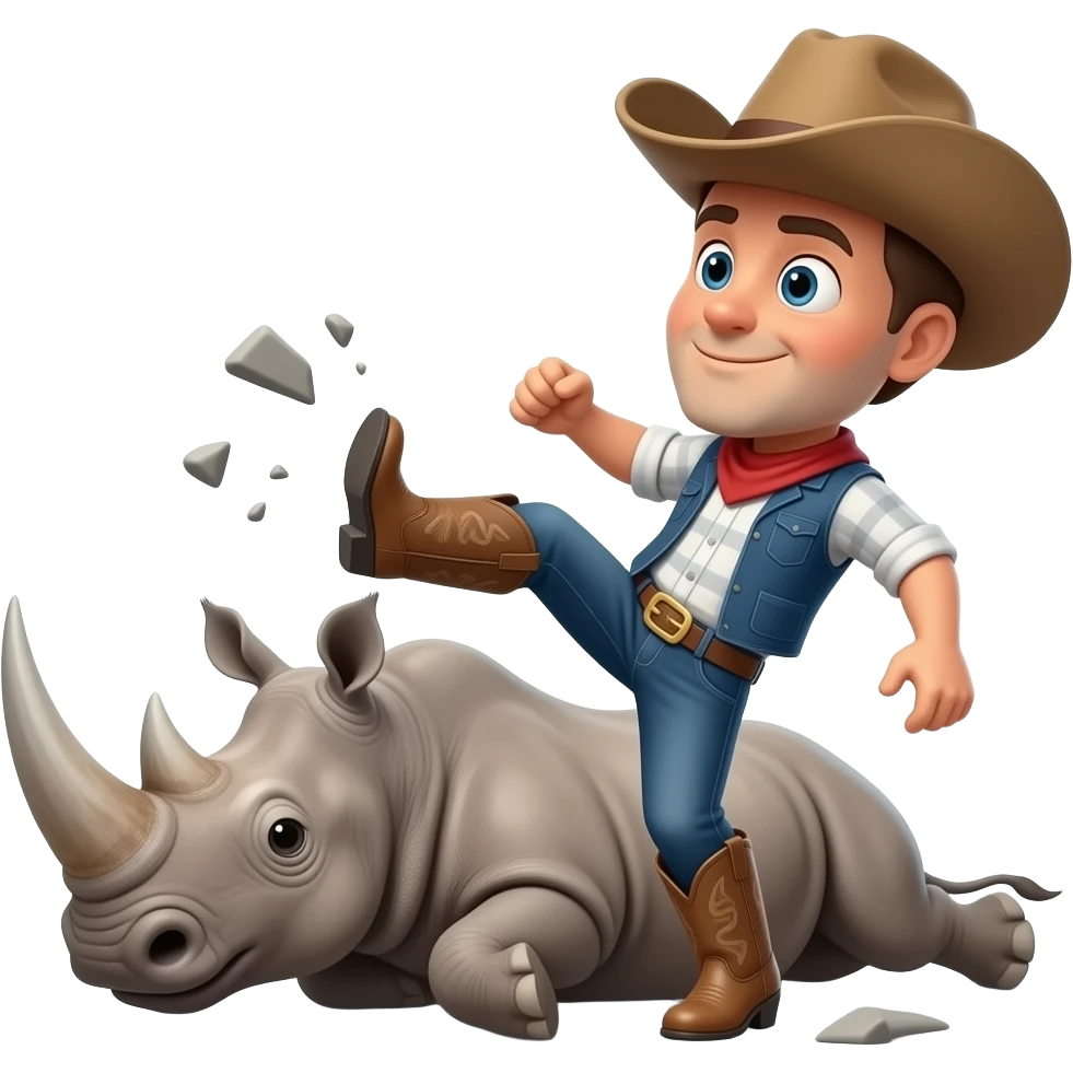 Big texas cowboy boot kicking out a falling rhino emoji