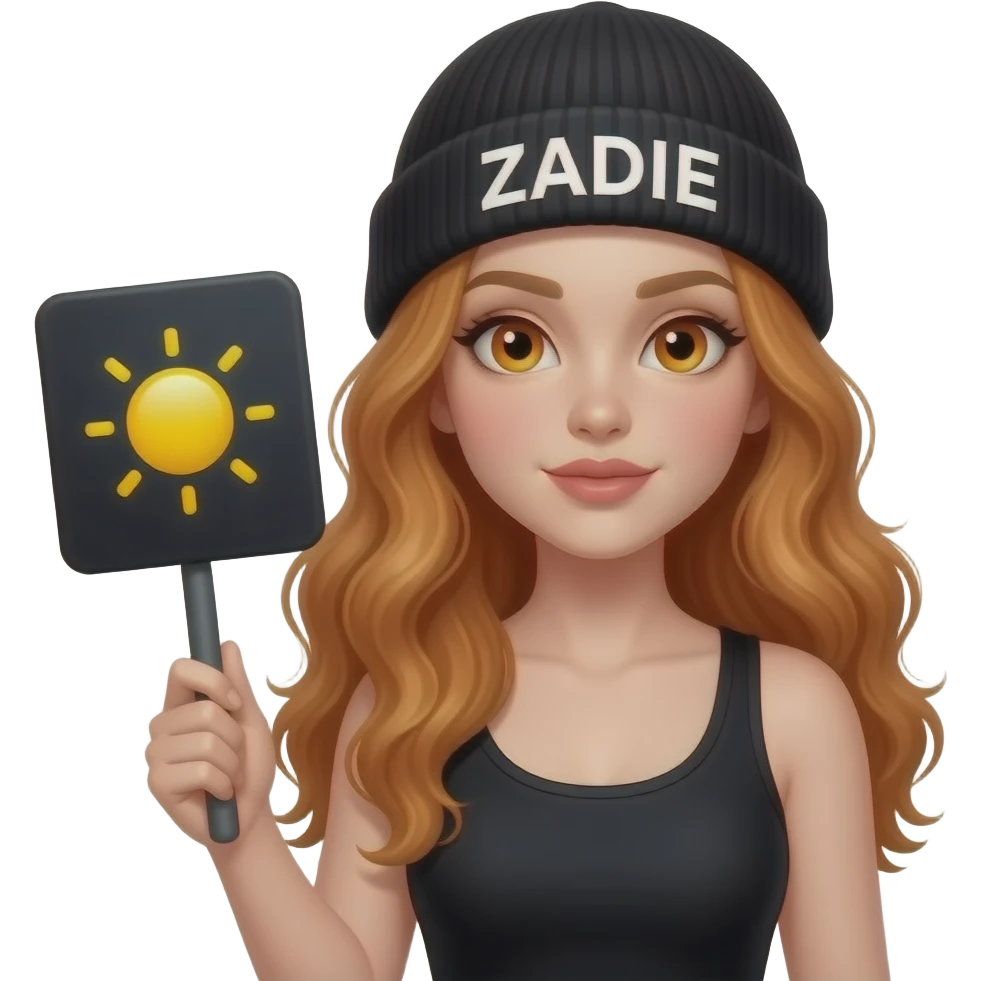 sexy girl with overlong wavy ginger hair and ginger eyes wearing a black tanktop and a black beanie with ZADIE written on it, is holding a black sign with 🌤️ on it emoji