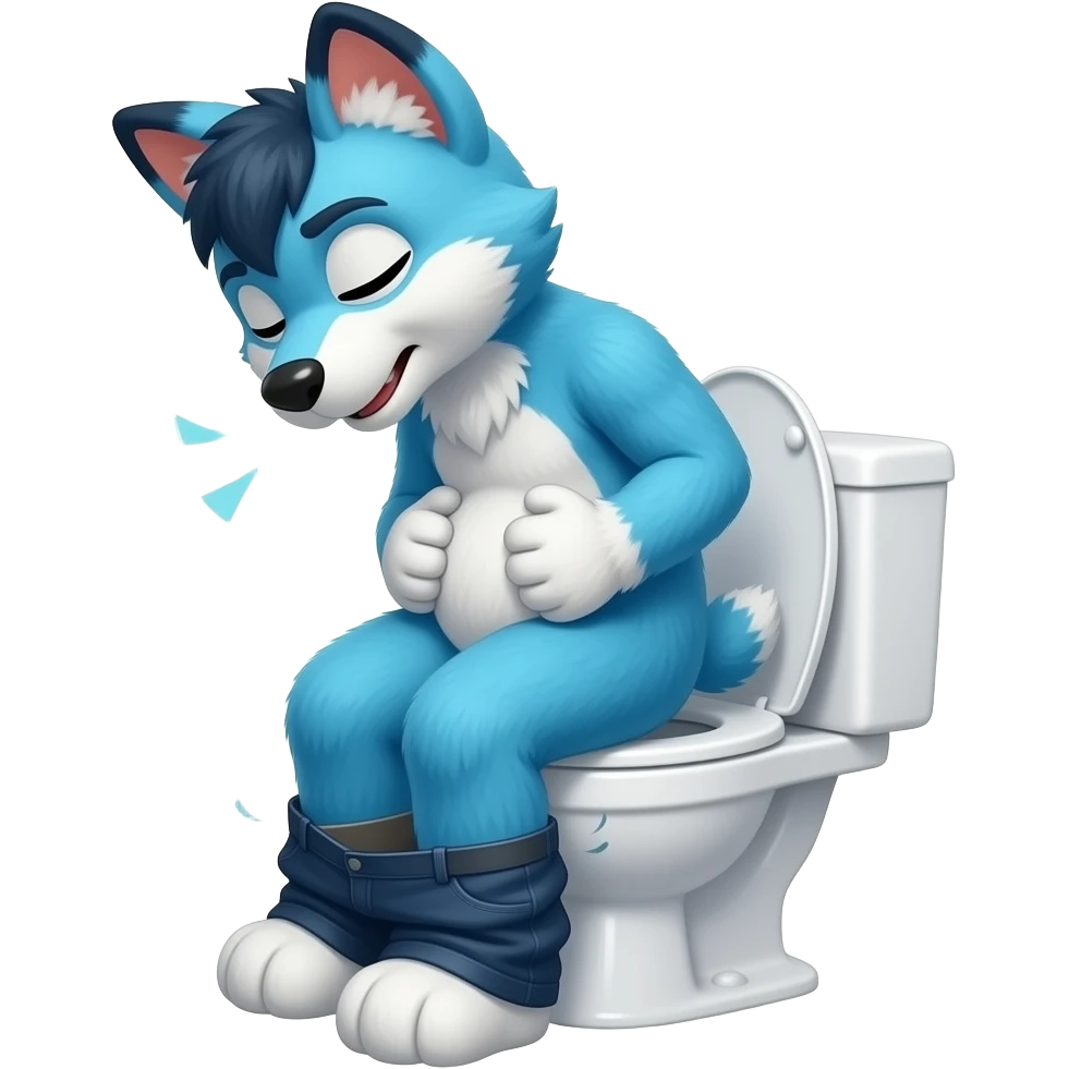 blue fursuit sitting on toilet,  pants down, sitting on toilet, side view, pants down, straining,  eyes closed, pushing, squeezing, hands on stomach emoji