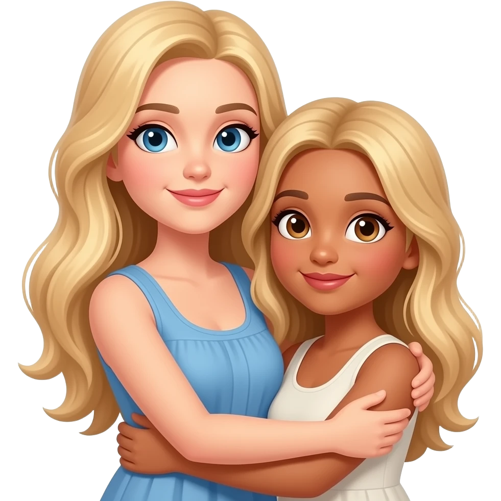 2 women, long blond hair, one blue eye 1 brown, both white, short one has a tan, 1 short 1 tall hug emoji