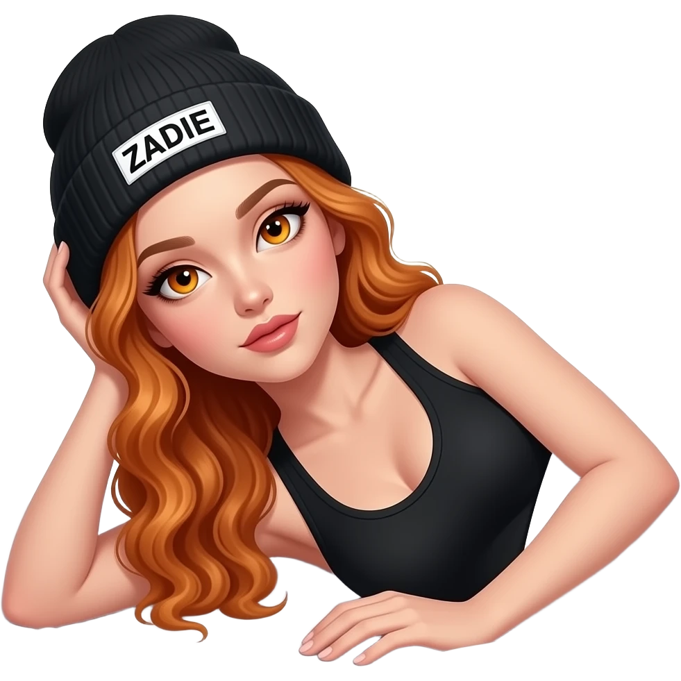 sexy girl with overlong wavy ginger hair and ginger eyes wearing a black tanktop and a black beanie with ZADIE written on it,  is lying on the side in bed emoji