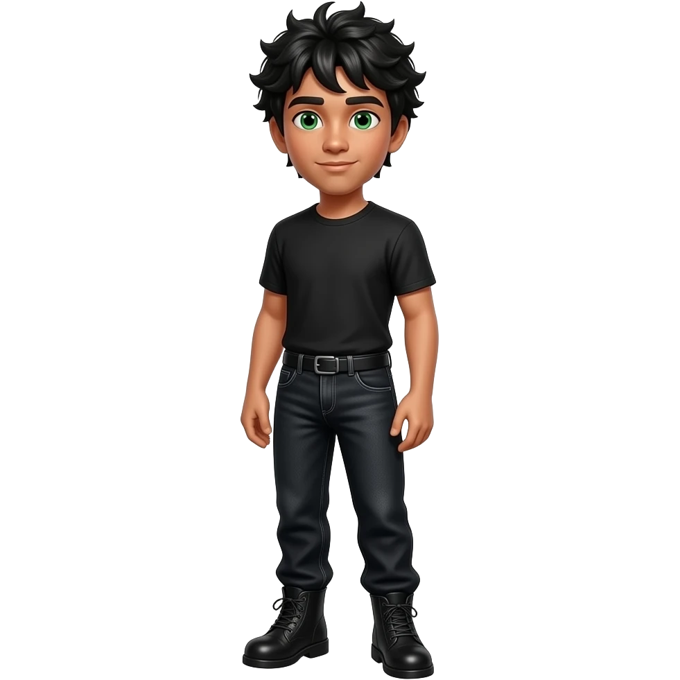 young adult man with messy black hair, tan skin, a confident facial expression and bright green eyes, in black t-shirt, loose black jeans and boots full body emoji emoji