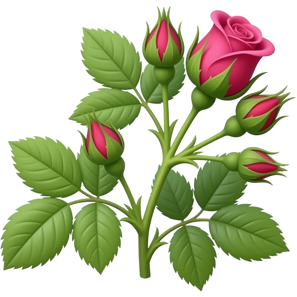 Small garden furled rose branch with closed round buds, vibrant magenta ...