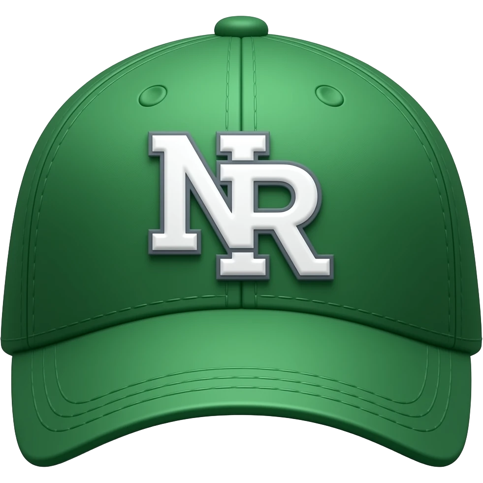 Apple iOS style green baseball cap emoji, front-facing cap, glossy 3D emoji design, “NR” text centered on the cap, smooth shading, vibrant green color, soft lighting, ultra detailed, minimal clean background, premium iOS emoji aesthetic emoji
