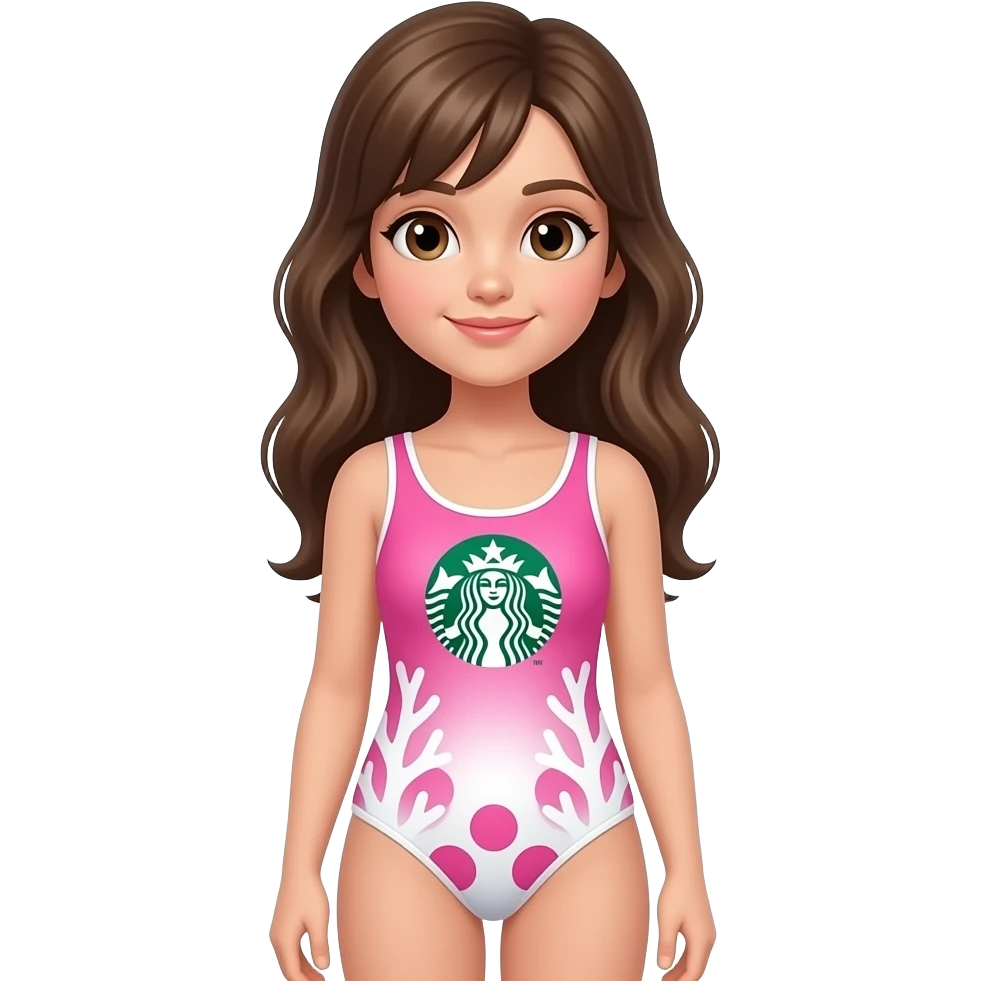 A pink Mrs girl wears a pink white Brown hair and pink dots in white gradient swimsuit white dots and pink big dots and white pink gradient corals and starbucks one piece swimsuit emoji