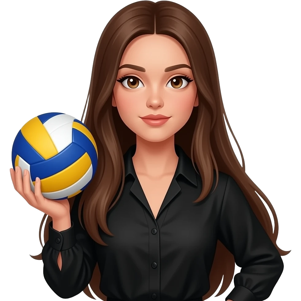 Less perfect features, Long brown hair girl, light brown eyes and little bit tanned skin she has makeup with black eyeliner and her stare is magnethic. Handle voleyball ball. Her hair is straight and loose, not messy. Hair is extremely long. She wears black elegant blouse emoji