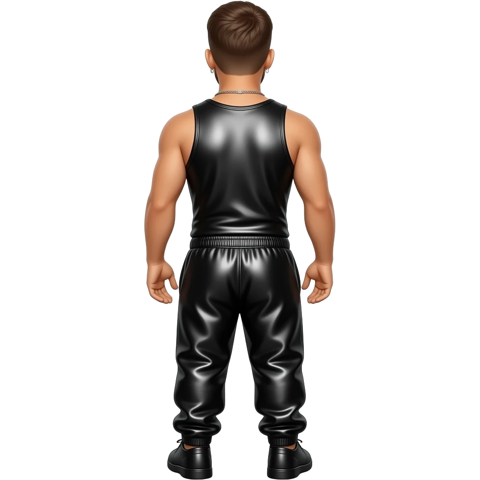 Justin Timberlake from behind with black metallic tank top, black metallic saggy joggers, necklace and earrings emoji