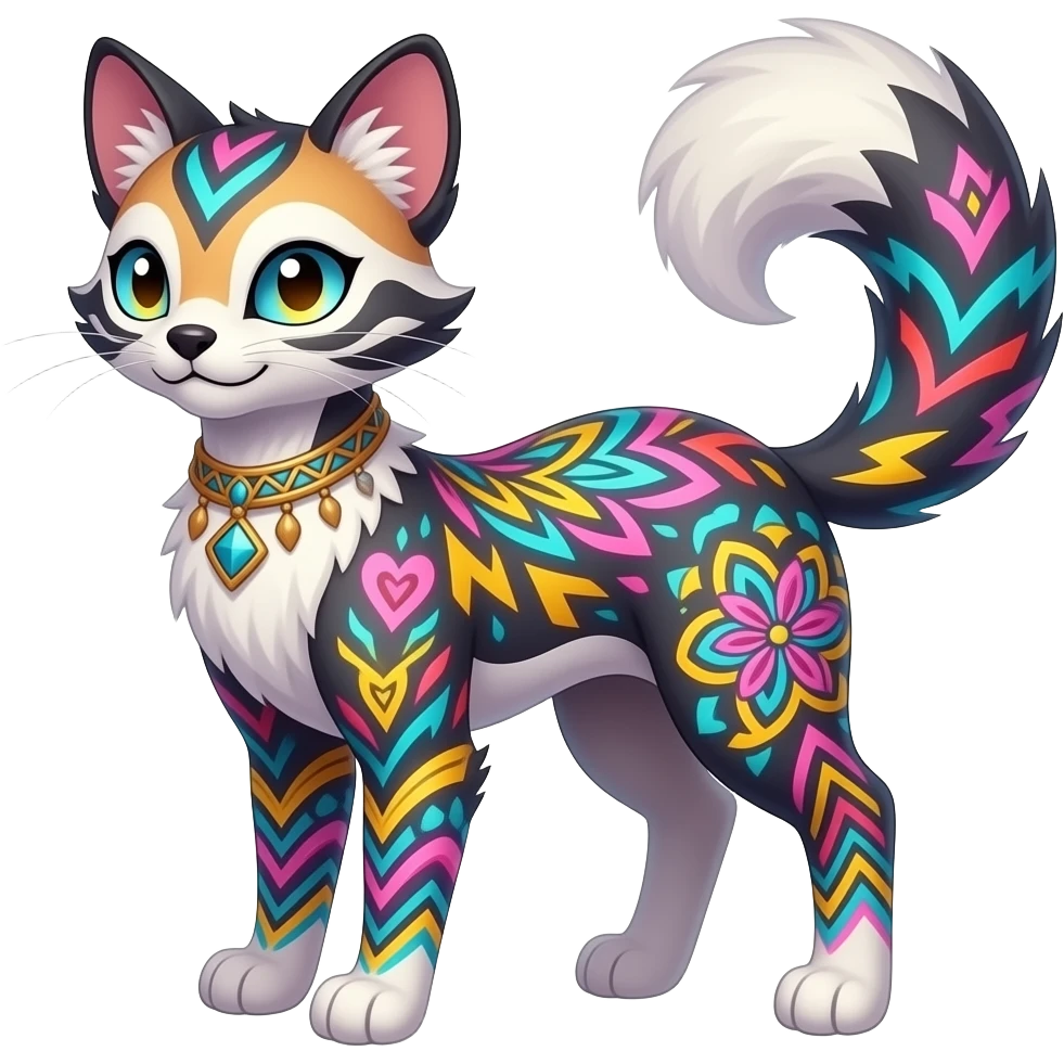 Colorful spunky elegant thin tall slim unique fantasy original shiny smooth soft flurry edgy cool Civet-Absol-Sprigatito-Vaporeon-Fakémon-hybrid with tribal chevron heart floral lightning bolt strikes damask paisley markings emoji