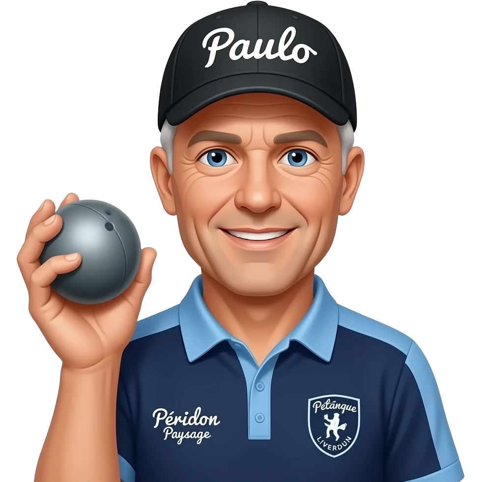 homme 60 ans yeux bleus tout rasé, casquette noire avec "Paulo" inscrit dessus, boule de pétanque grise à la main sur maillot bleu foncé avec col trois boutons bleu clair et avec épaules seules bleu clair coté bras bleu foncé inscription droit "Pétanque LIVERDUN, côté gauche "Péridon Paysage" emoji