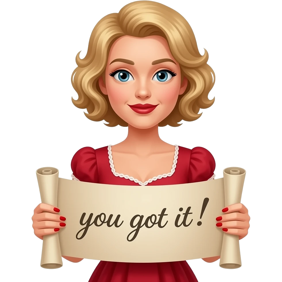 Short curly blond hair side swept Holding an open scroll saying you got it with red nail polish, brown lipstick and red vintage dress emoji
