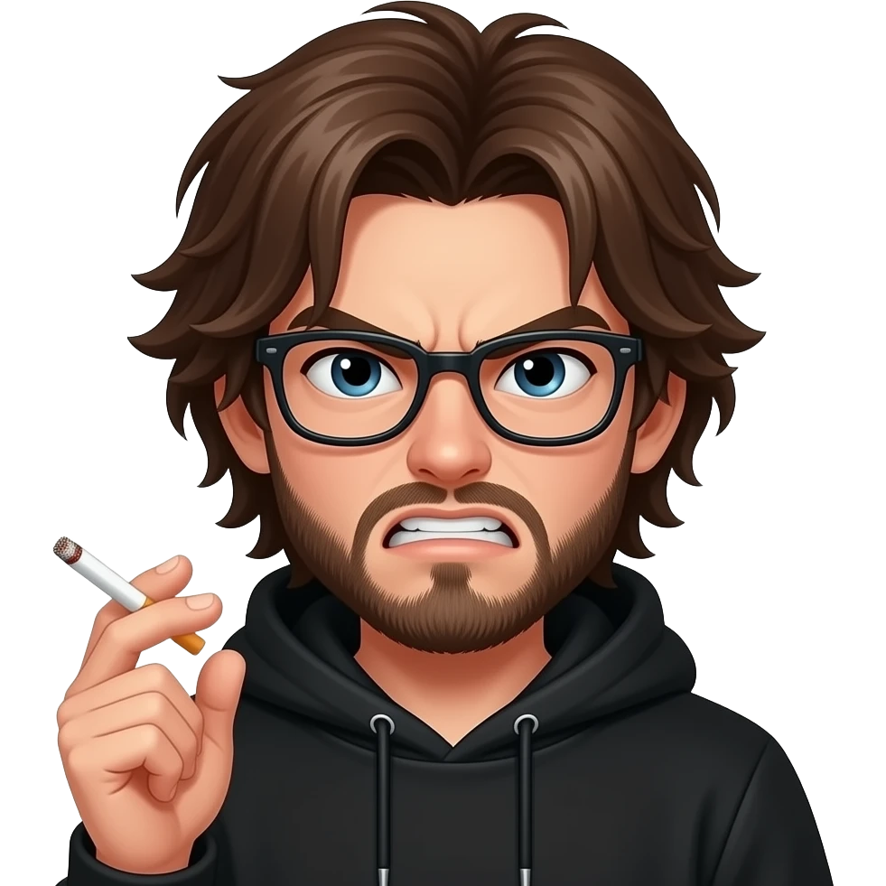 Brown hair long emo, black hoddie, angry boy,glasses, cigarett, beard emoji