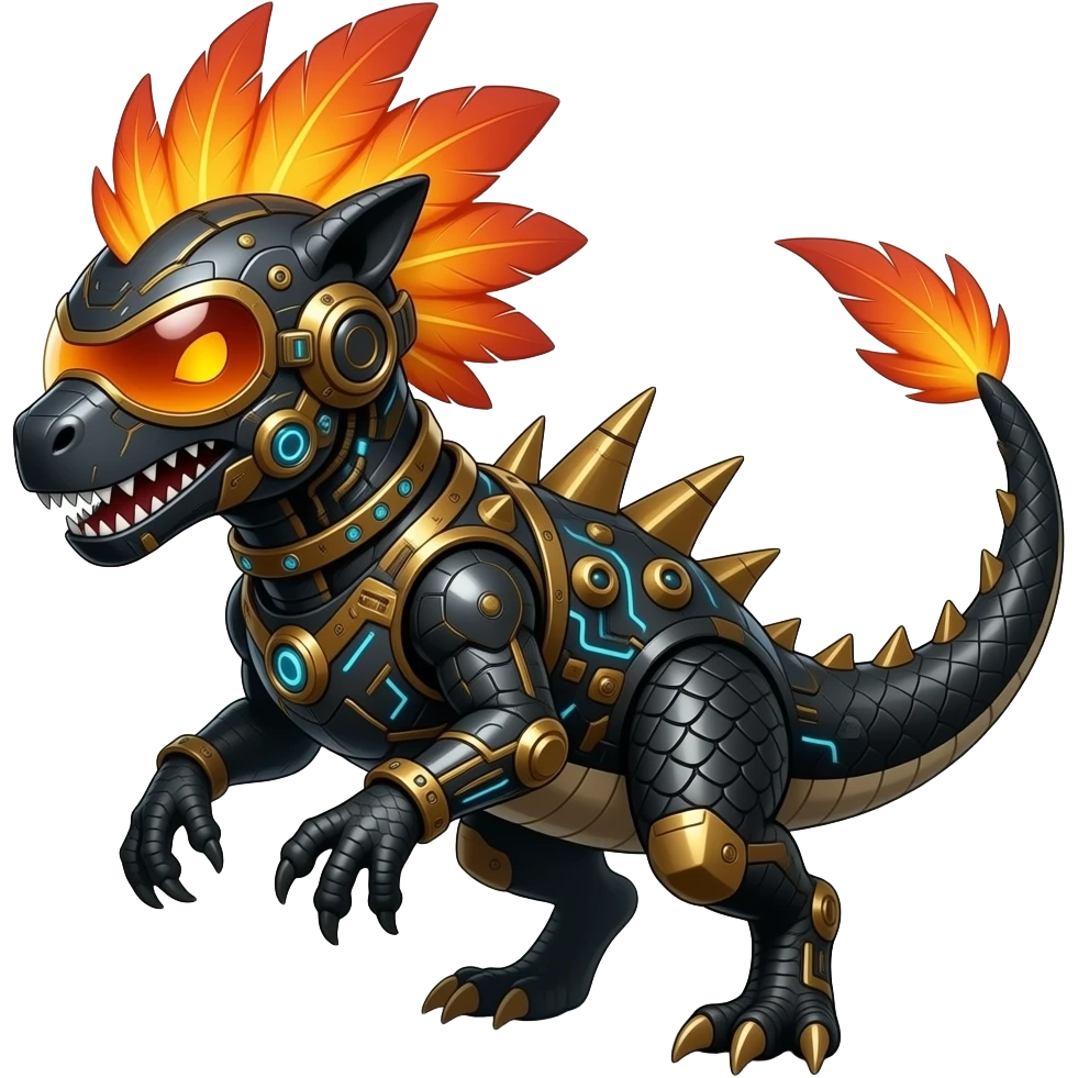 Cool edgy fiery cybernetic electrical visor-helmeted, Circuitry-patterned black-scaled digitigrade futuristic raptorik fantasy-Cyberpunk-Steampunk-Solarpunk-Genesect-Salamence-Cyclizar-Salazzle-Protogen-Fakémon-animal-hybrid, with neon feather-mane, and a tail blade, back spikes emoji