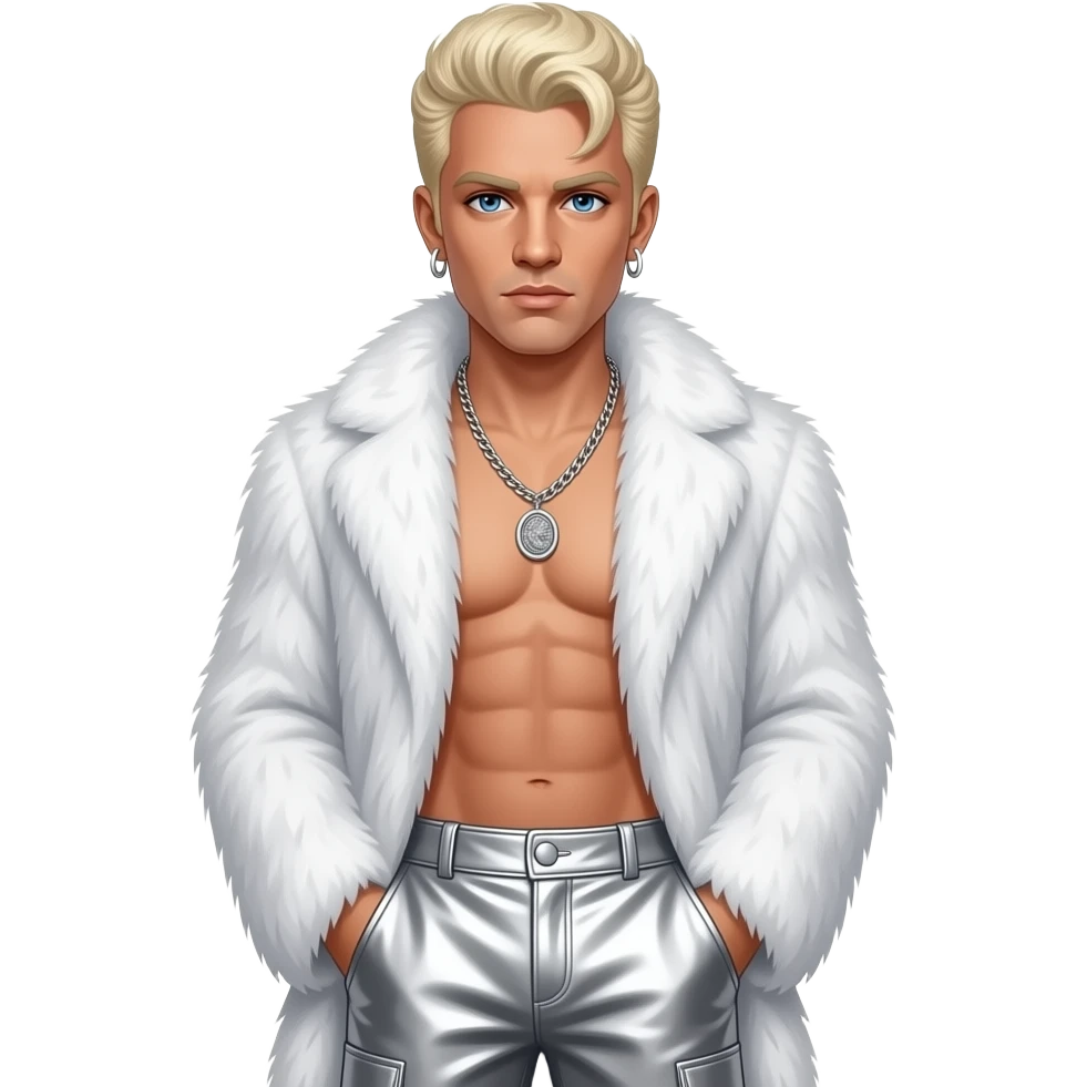 Vanilla Ice, White Rapper with white skin, blue eyes, blonde elvis hair, silver fur shawl, silver metallic baggy pants, shirtless with necklace and earrings emoji