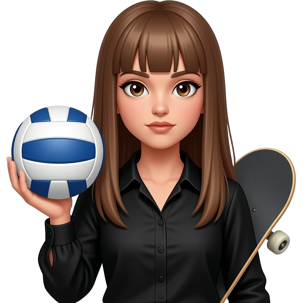 tom-boy masculine skate girl Long brown hair girl, light brown eyes and little bit tanned skin she has makeup with black eyeliner and her stare is magnethic. Handle voleyball ball. Her hair is straight and loose, not messy. Hair is extremely long. She wears black elegant blouse emoji