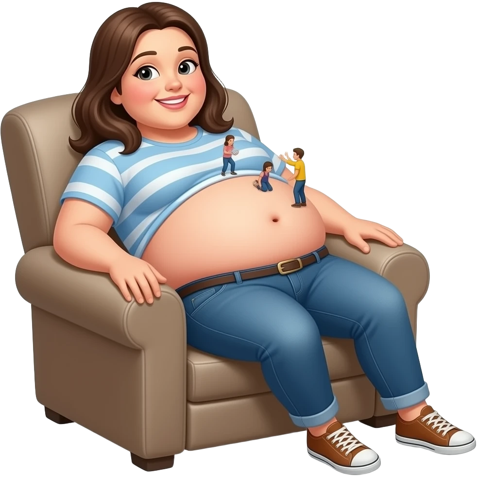 A female giant rests on a recliner sofa,with friendly gentle manner she hangs out her overfed rotund exposed belly,so the tiny volunteer admirers can use the girl’s vulnerable belly to bounce on,The female giant giggles because her bellybutton is ticklish. emoji