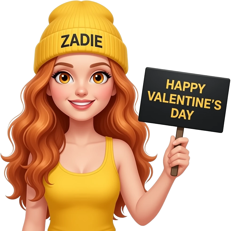 sexy girl with overlong wavy ginger hair and ginger eyes wearing a yellow tanktop and a yellow beanie with ZADIE written on it, is holding a black sign with just HAPPY VALENTINE'S DAY on it emoji