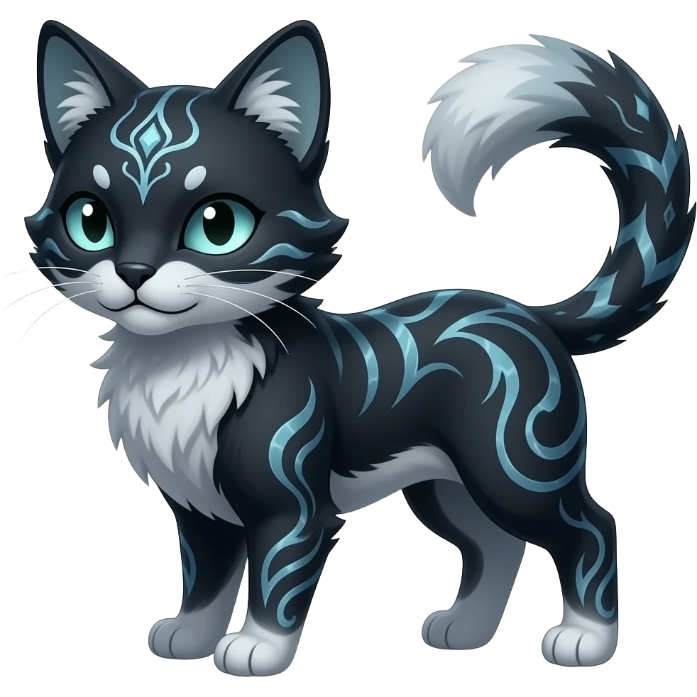 Kawaii dark edgy fantasy ethereal feline-vernid-sergal-fursona animal creature with a tufted tail full body with intricate markings emoji