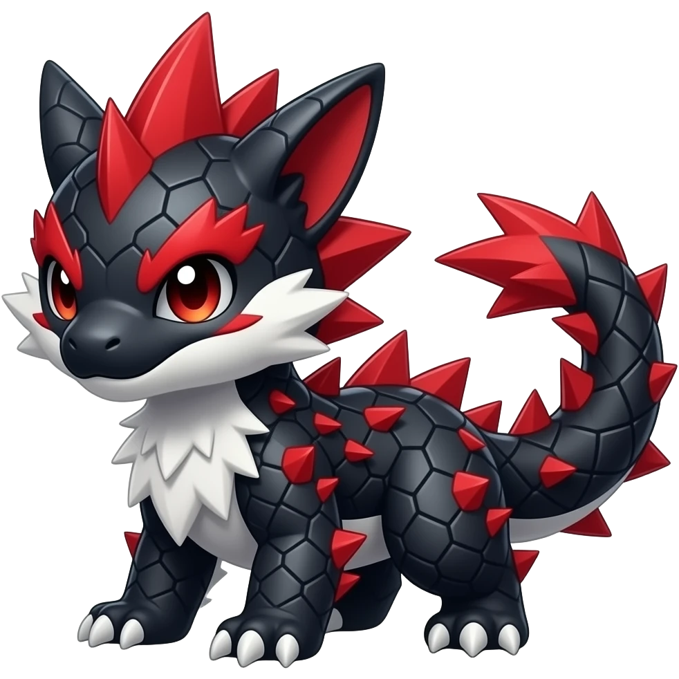Cute cool black red white animal hybrid-Digimon-Fakemon full body, detailed, spiky, scaly, edgy emoji