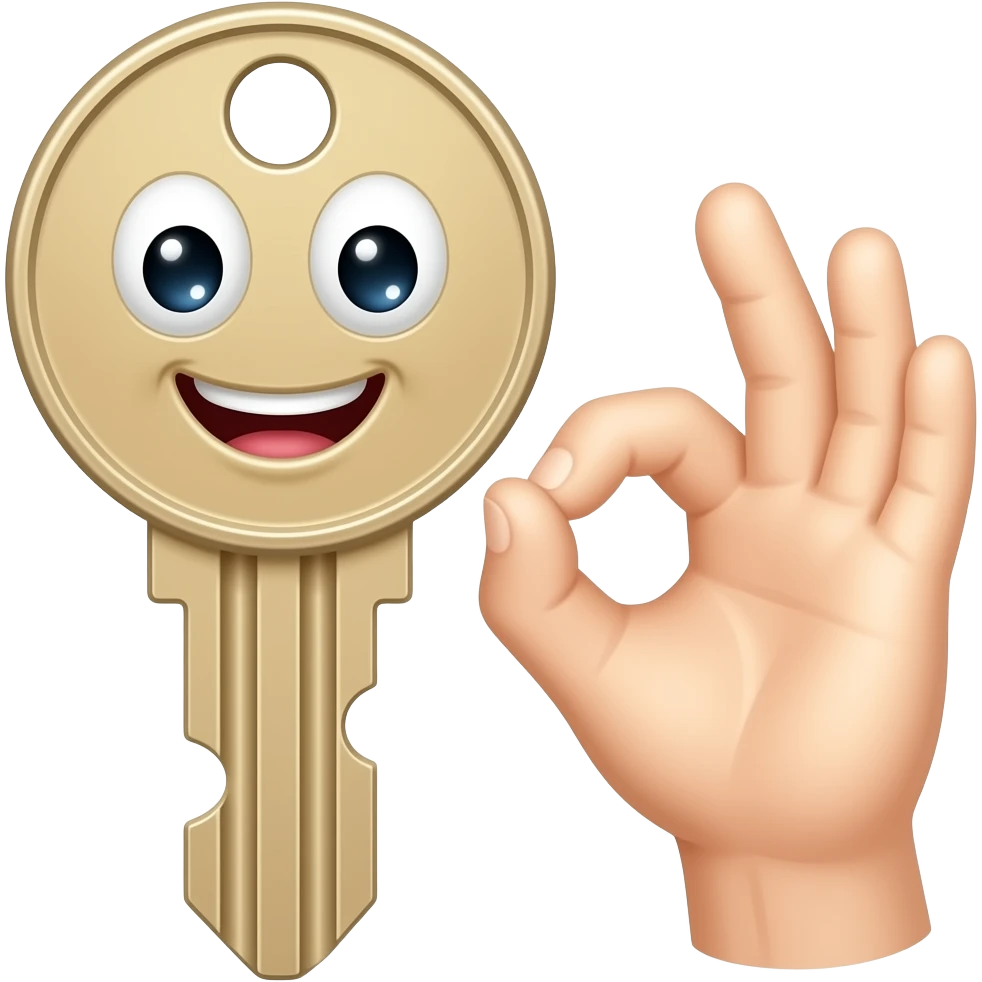 A happy key with a large smile and big sparkling friendly eyes. one hand make ok symbol 3D Pixar. professional light, high quality. emoji