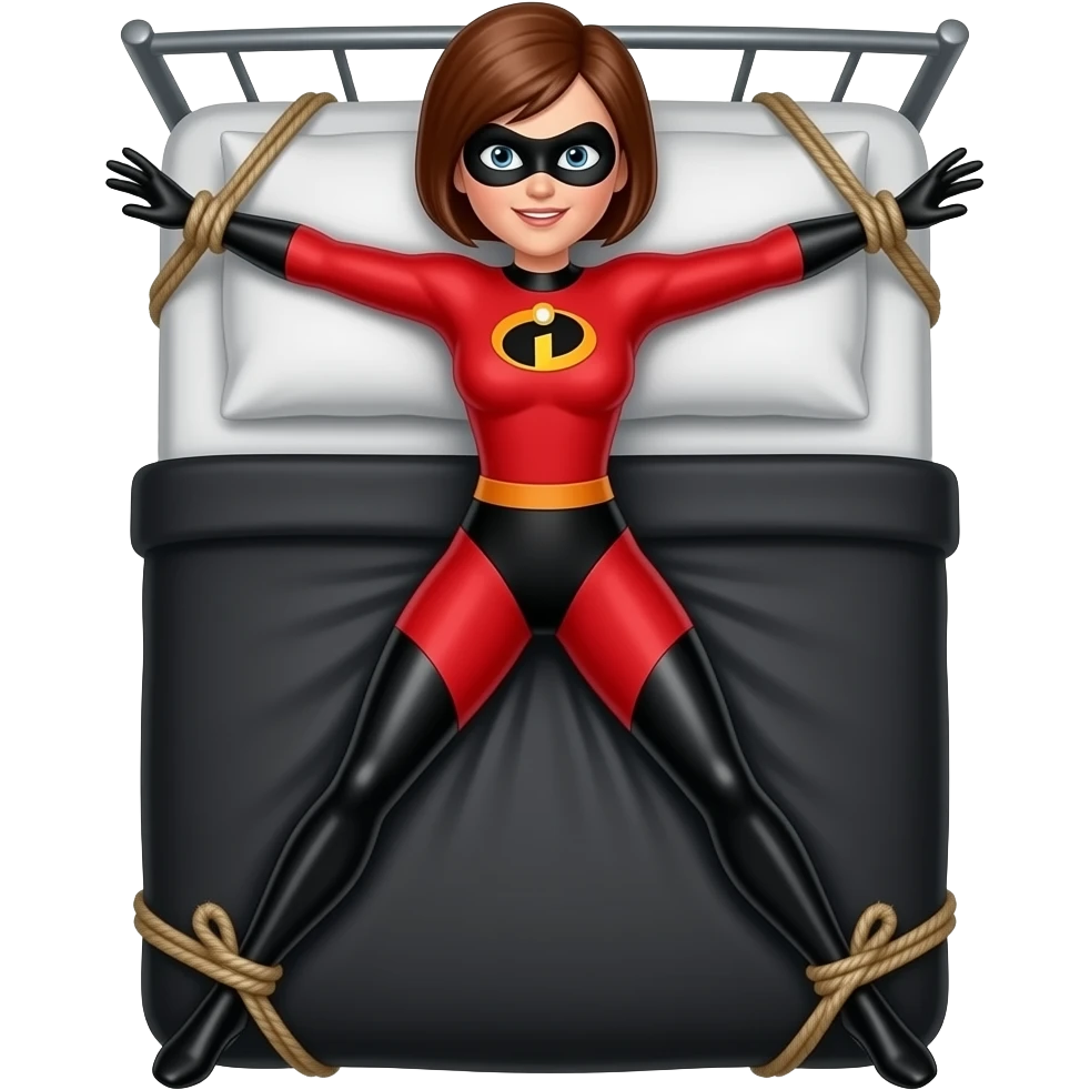 Helen Parr, Mrs. Incredible, Elastigirl, legs and arms spread, tied to the corners of a  black bed emoji