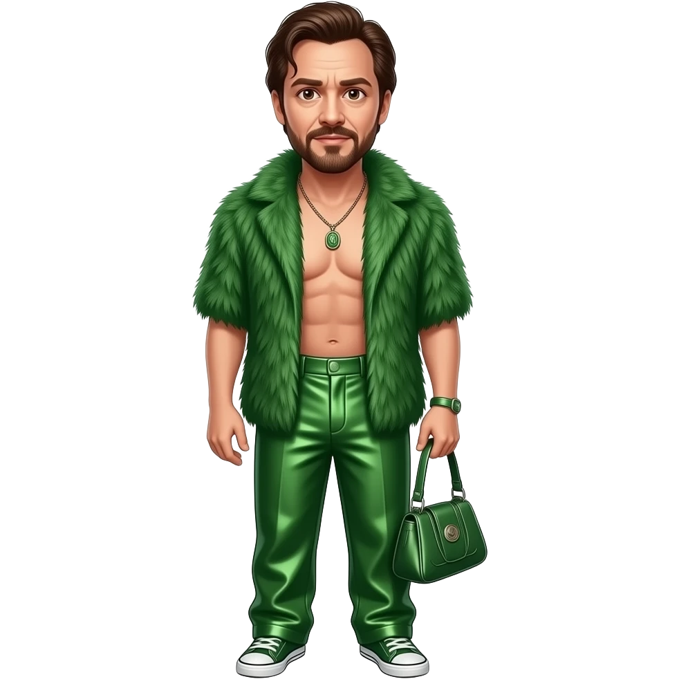 Jim Carrey with brown eyes, dark brown hair, green fur shawl, green metallic baggy pants, shirtless with necklace emoji