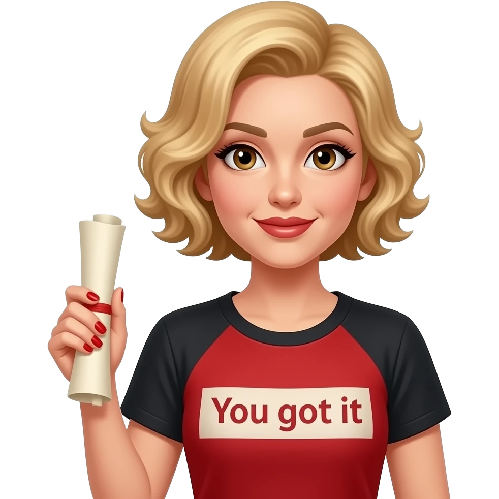 Short blond hair in tight curly side swept Holding a scroll saying you got it with red nail polish, brown lipstick and red and black shirt short sleeve emoji