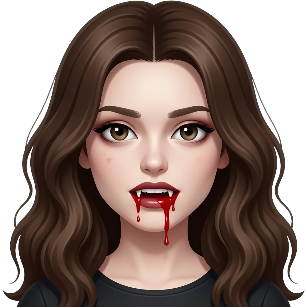 A vampire girl with long wavy brown hair, fangs, and blood dripping from her mouth and with a little blood on her face, a somewhat dark appearance with pale skin and not very pronounced dark circles under her eyes, in the style of iOS 16. emoji