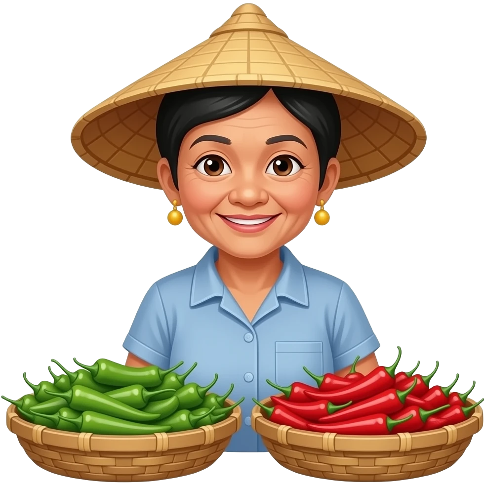 A Thai old woman is selling green and red Thai chili peppers at the market emoji