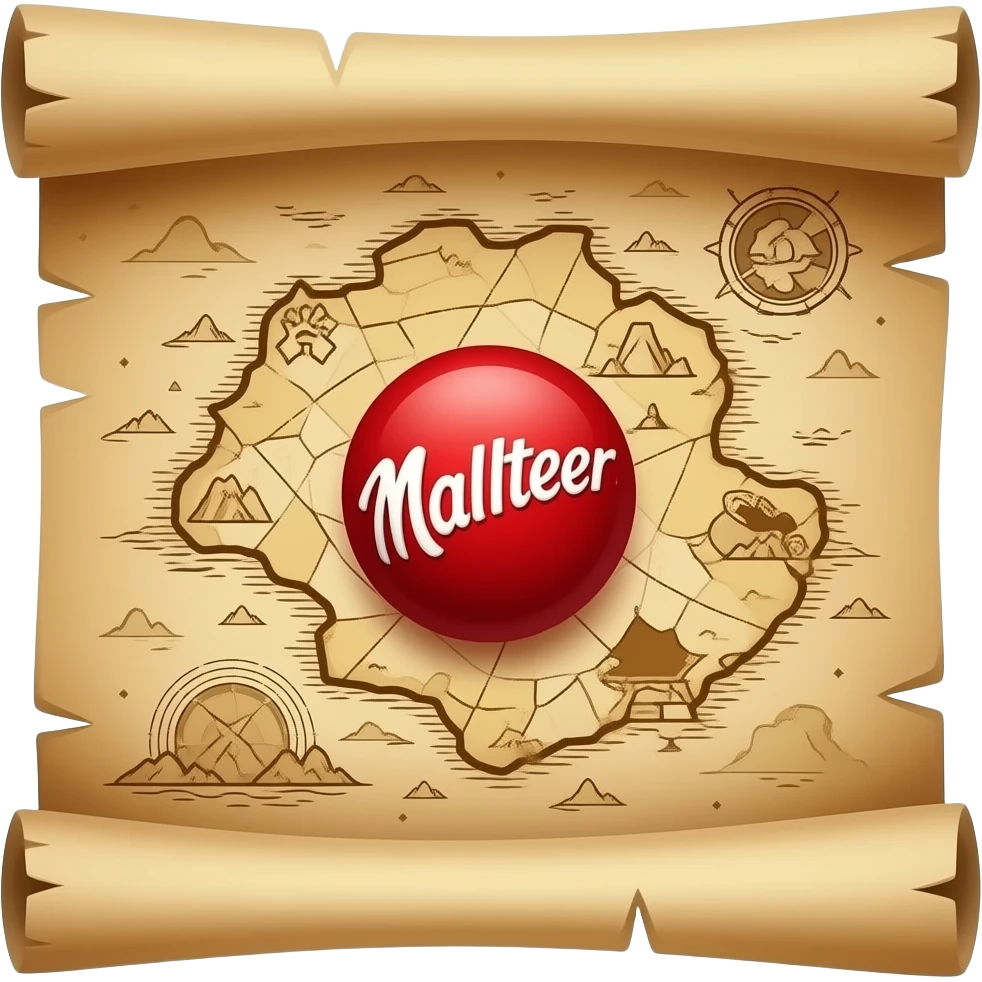 A treasure map, highly detailed,  a Malteser red  X marks the location of the treasure, old parchment, slightly scrolled ends emoji