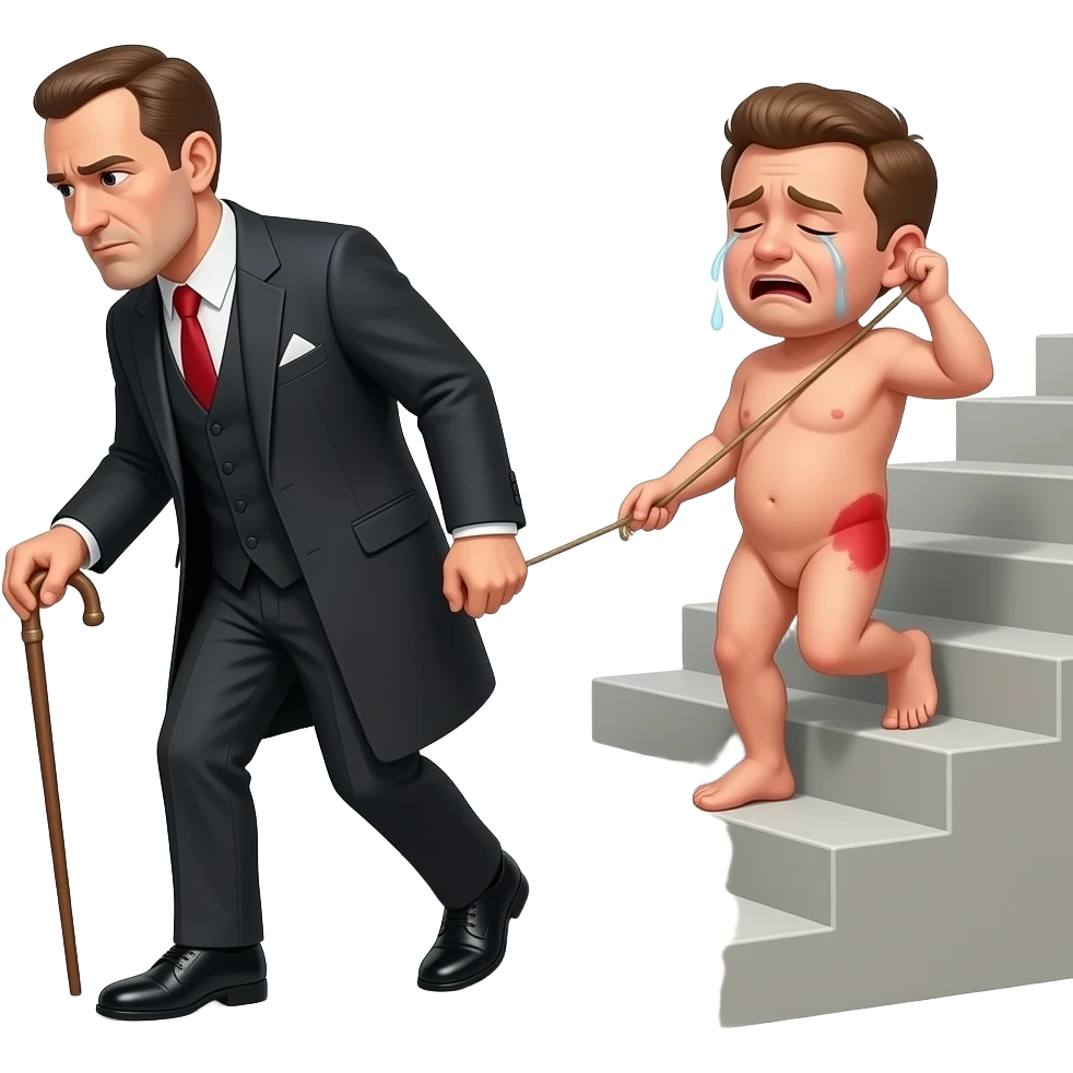A stern clothed man with a thin whippy cane is leading and dragging a small, crying, naked man up a flight of stairs by the ear, his red buttocks are very bruised. emoji