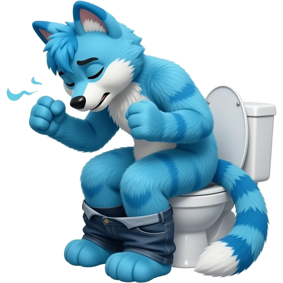 blue fursuit sitting on toilet, side view, pants down, straining, both fists, eyes closed, pushing, squeezing, sick emoji