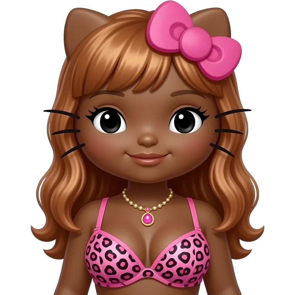 Big breast, Dark brown skin hello kitty girl, Doll shaped face, doll eyes, copper hair, “Princess”  necklace, with pink leopard print bra emoji
