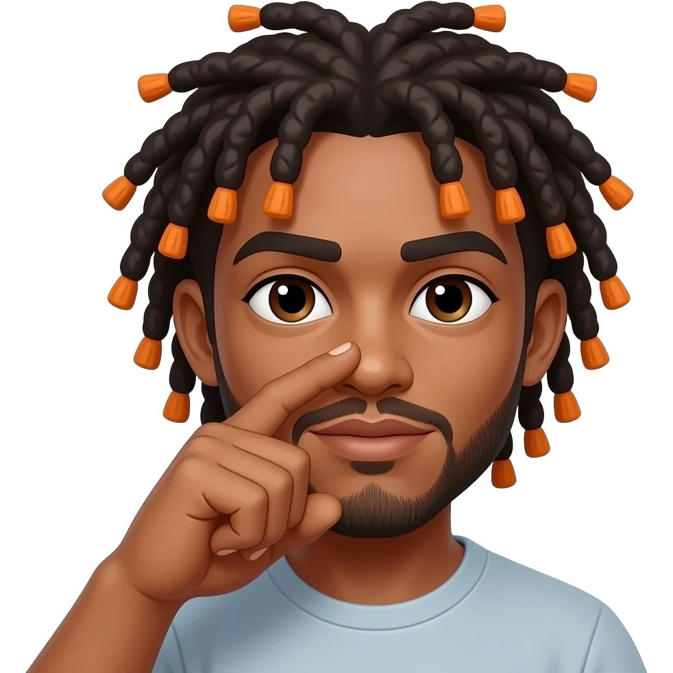 a mixed man with dreadlocks down to his nose, the tips of the locs are single bleached so they look orange, and he has a thin mustache and a goatee on the bottom of his chin emoji