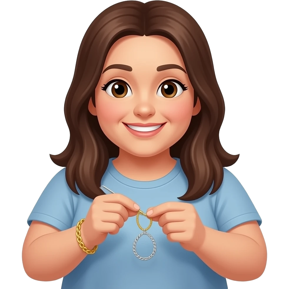 A woman in her 20s with long, straight brown hair; she is slightly overweight, has a cheerful disposition, and is a jewelry maker who works with gold and silver emoji