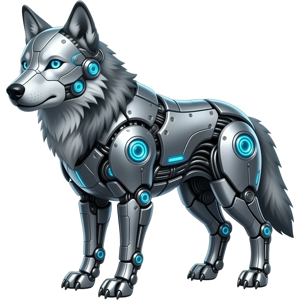 The cybernetic wolf with glowing blue eyes and metallic fur emoji