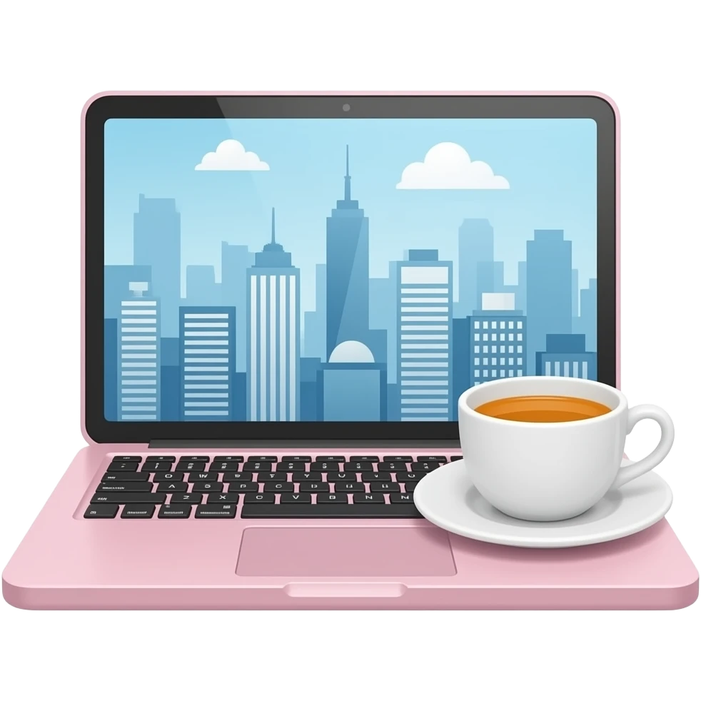 a pink laptop that has a cityscape background and a cup of tea emoji