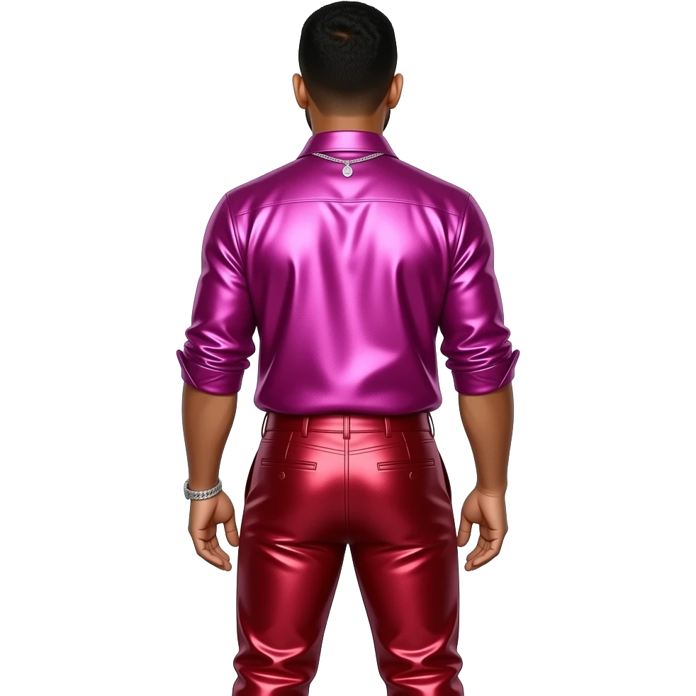 John Legend from behind with hot pink metallic shirt, crimson metallic saggy pants, necklace emoji