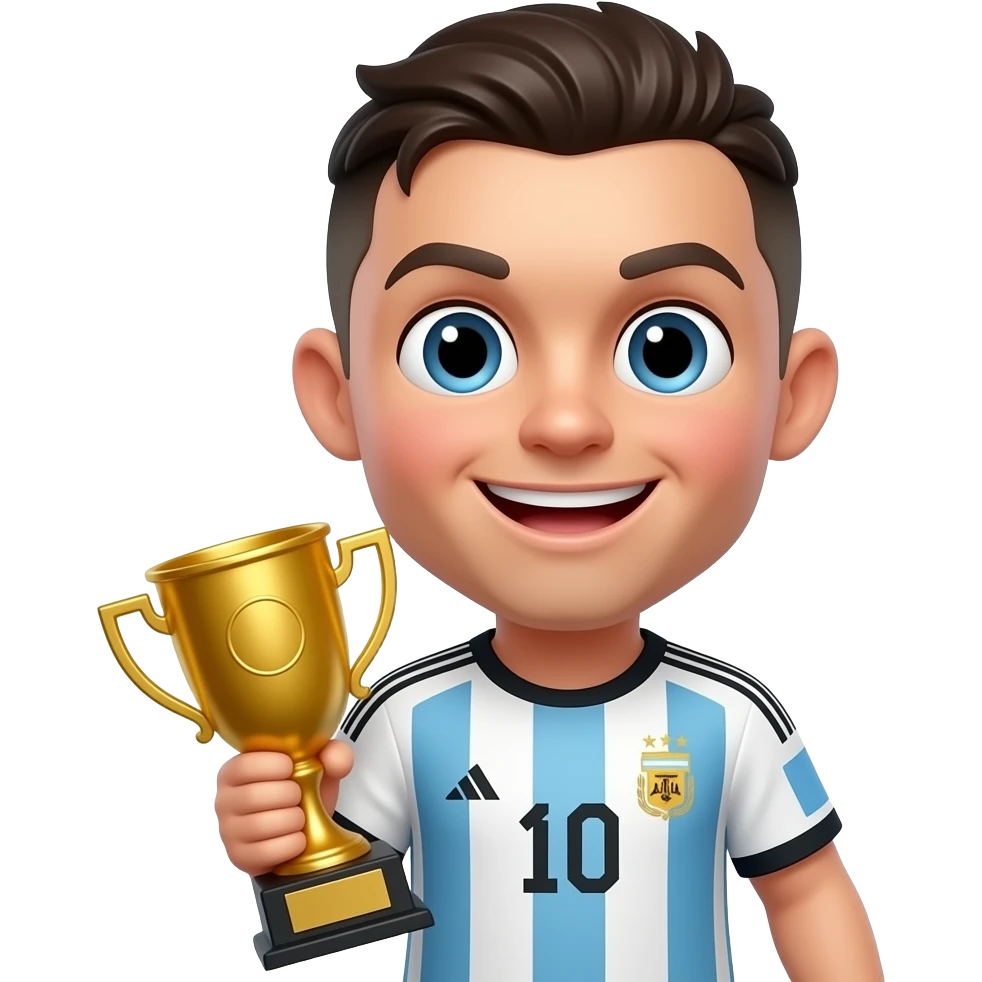 Cute 3D Ronaldo emoji wearing Argentina jersey, holding 1 golden trophy, big cartoon eyes, smiling, clean white background emoji