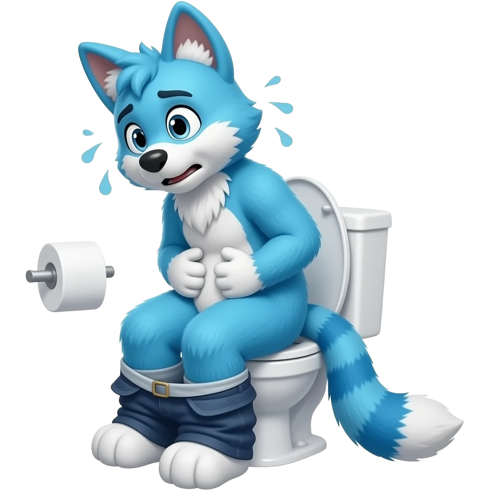 blue fursuit sitting on toilet, pants down, side view , hands on stomach, uncomfortable, squeezing, straining, sweating emoji