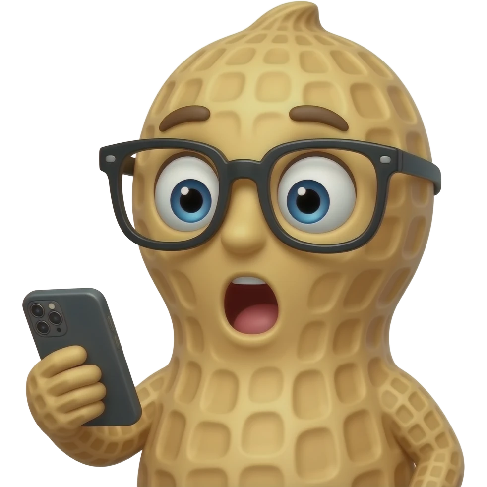 An anthropomorphic peanut, wearing glasses, anime style, holding a phone and looking at it in shock emoji