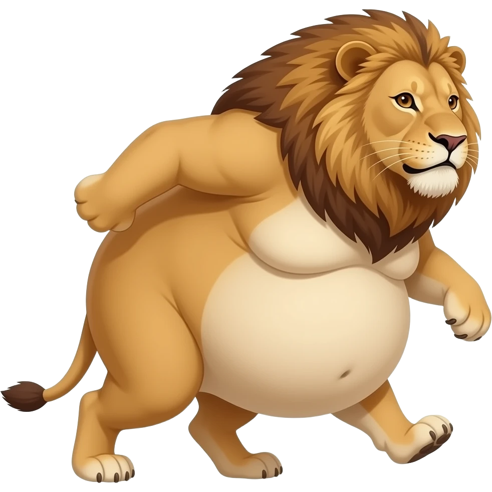 A reality lioness,trying to walk normally,but her huge overstuffed tummy rolls side to side,the lioness ate way too much,she became so fat,she has the biggest pot belly. emoji